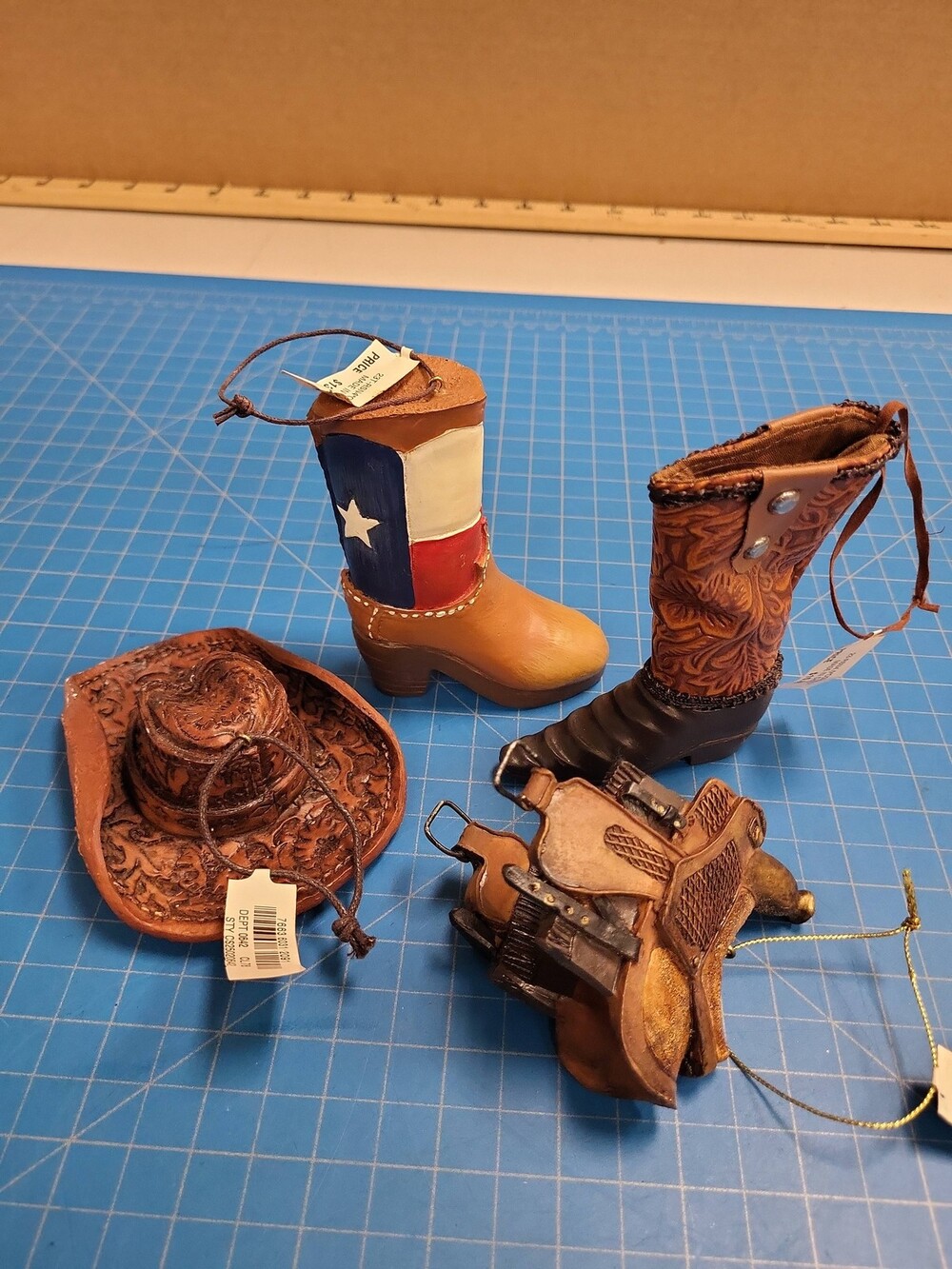 Set 4 Christmas Ornaments Western Cowboy Hat Boots Saddle Texas Decor Gift
